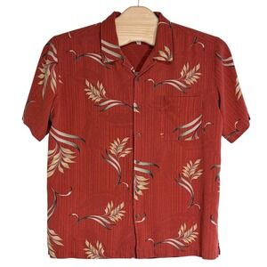Solitude Button Down Shirt XL Red Silk Floral Tropical Leaf Short Sleeve Camp
